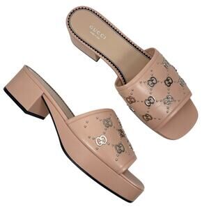 Gucci Janaya Interlocking G Studs Open Toe Slide Sandals Pink Size 39.5